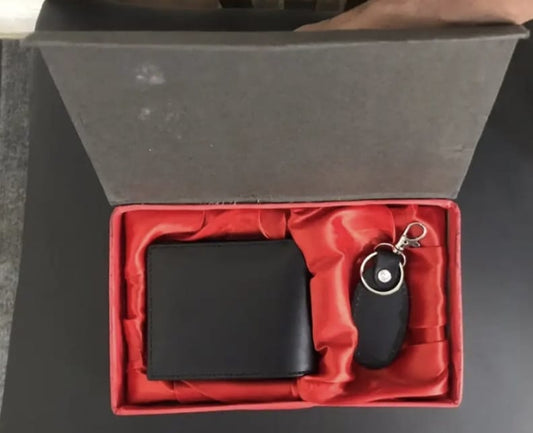 High Quality Cow Leather Wallet Plus Keychain Gift Set For Men