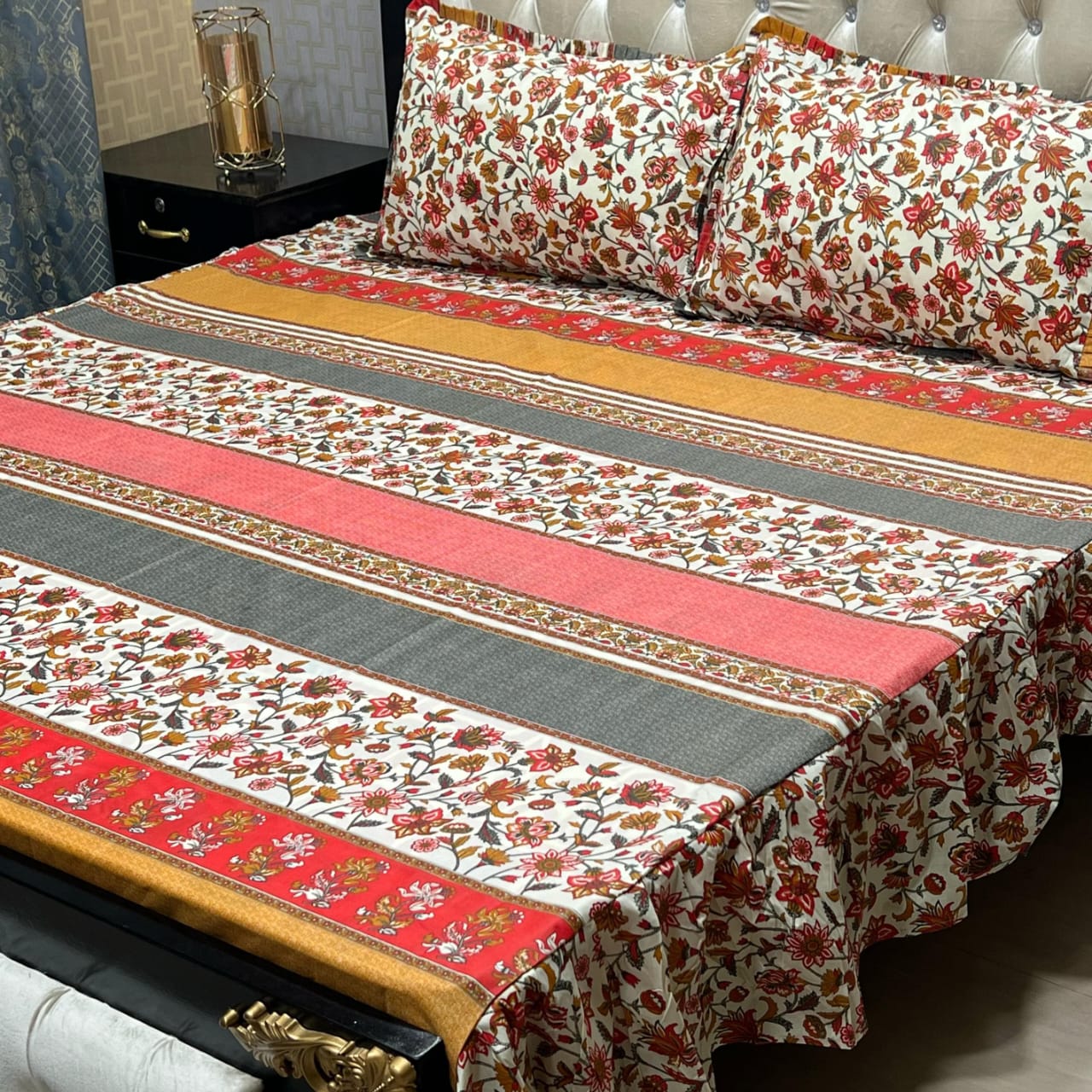 3 piece stiched 2 sided frill bedsheet