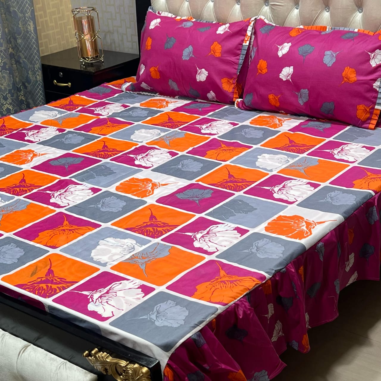 3 piece stitched 2 sided frill bedsheet