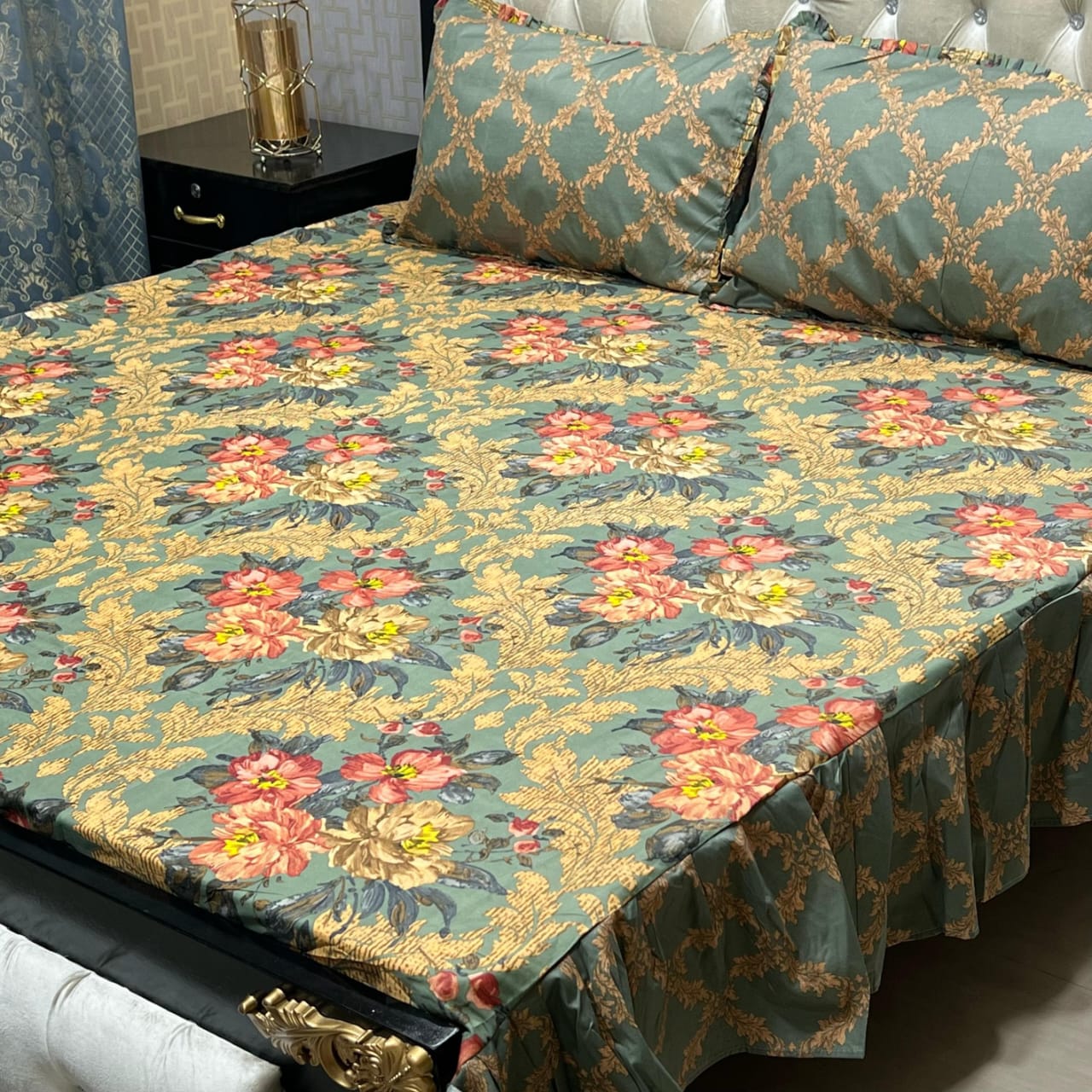 3 piece stitched 2 sided frill bedsheet