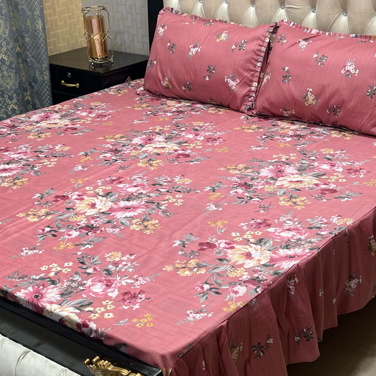 3 piece stitched 2 sided frill bedsheet