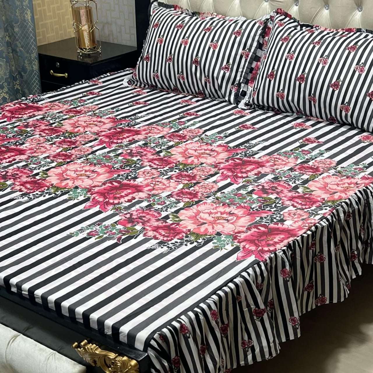 3 piece stitched 2 sided frill bedsheet