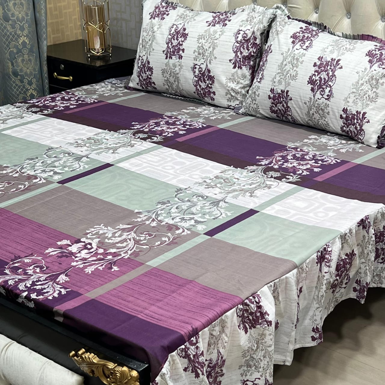 3 piece stitched 2 sided frill bedsheet