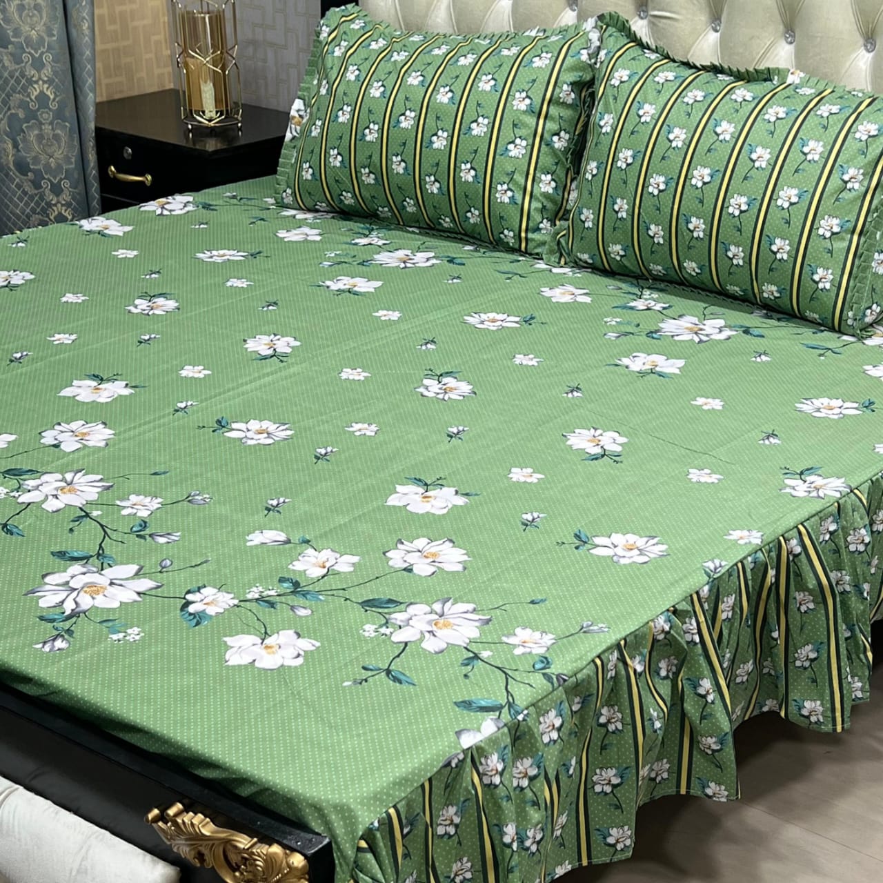 3 piece stitched 2 sided frill bedsheet