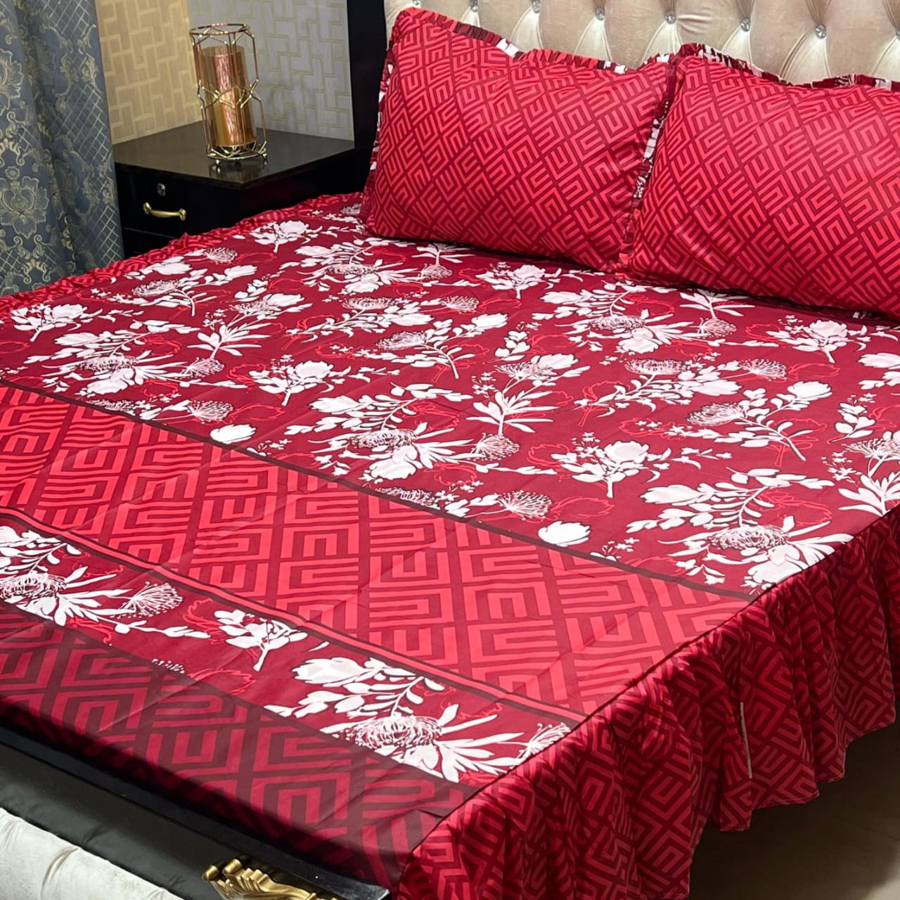 3 piece stitched 2 sided frill bedsheet