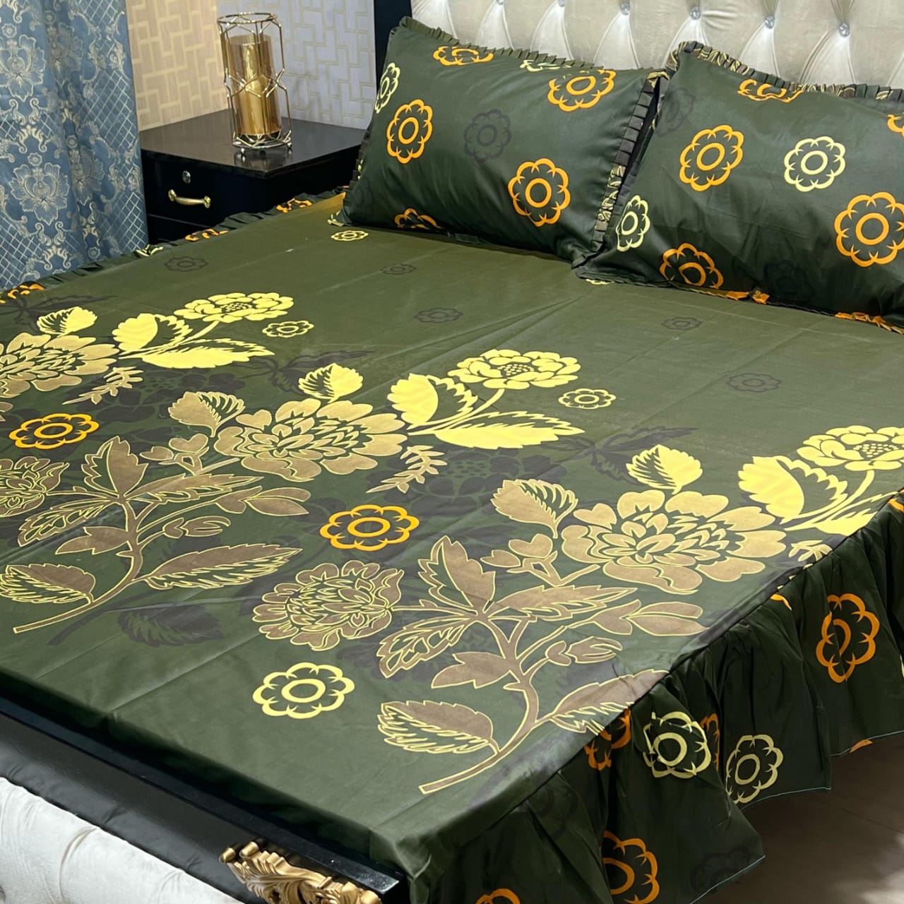 3 piece stitched 2 sided frill bedsheet