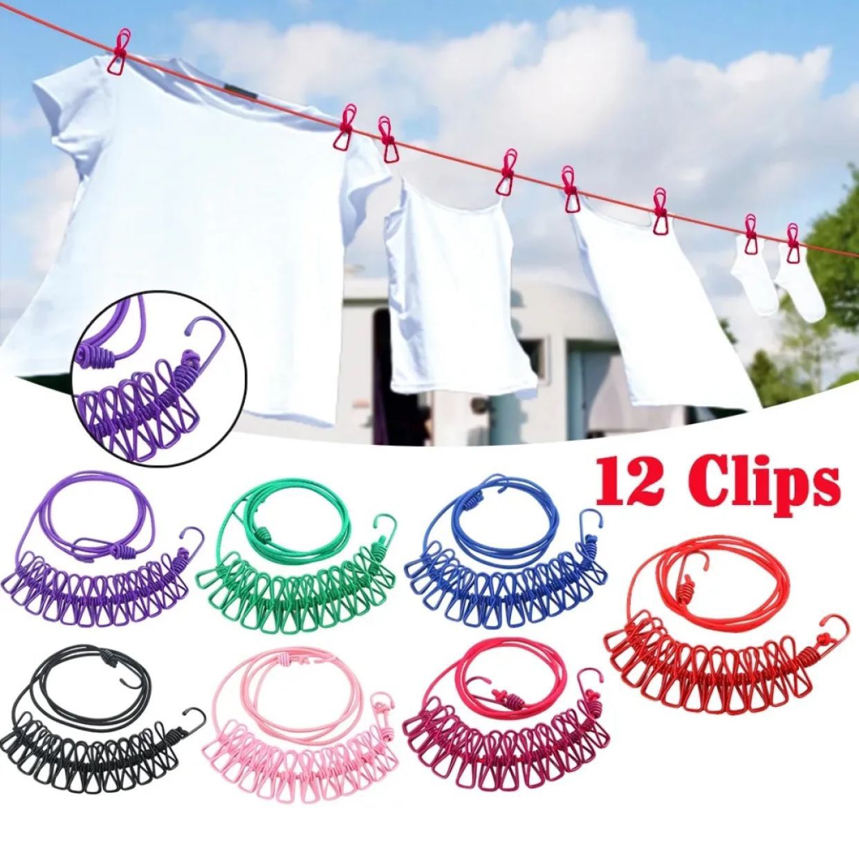 Clothesline Retractable Laundry Drying Rope with 12 clip installed