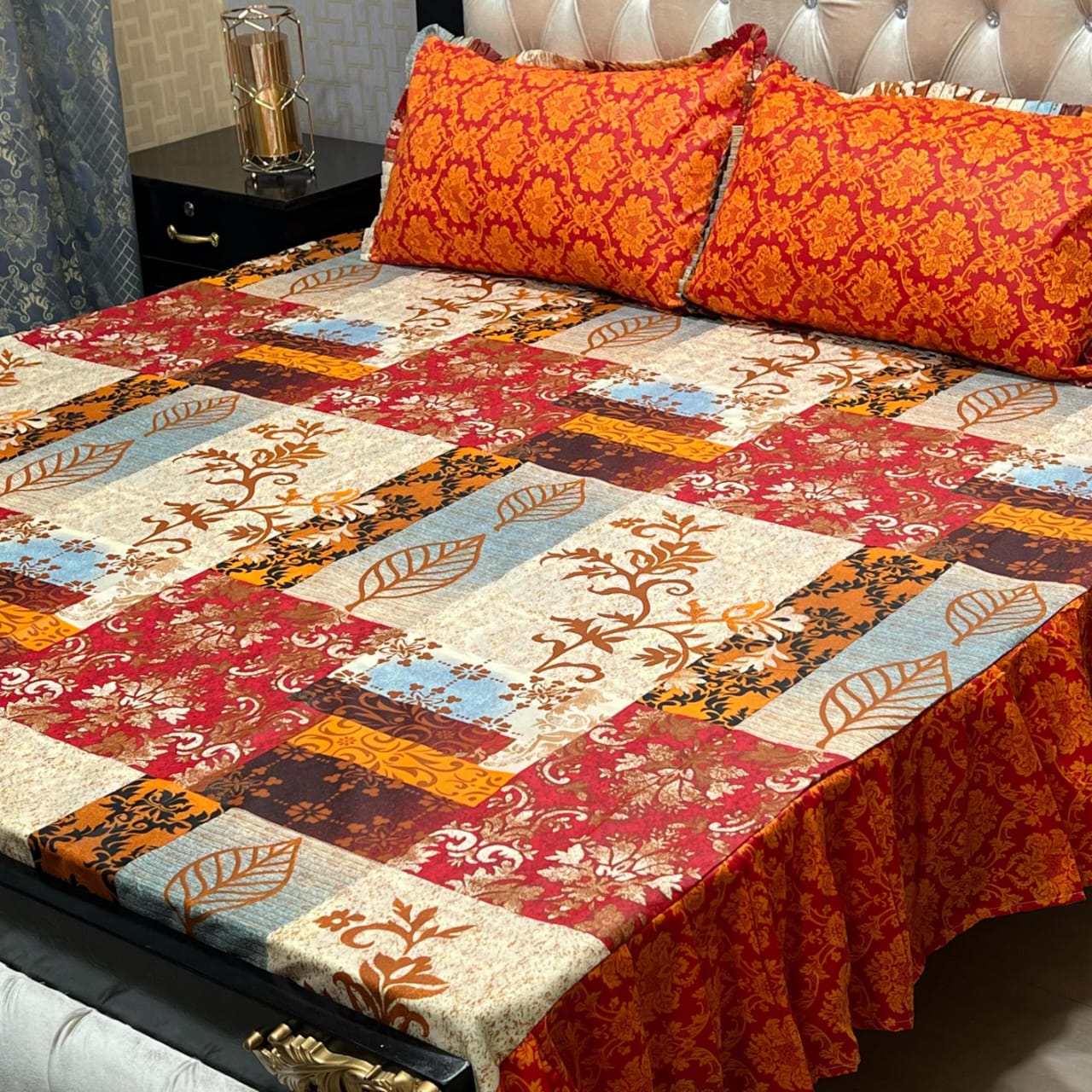 3 piece stitched 2 sided frill bedsheet