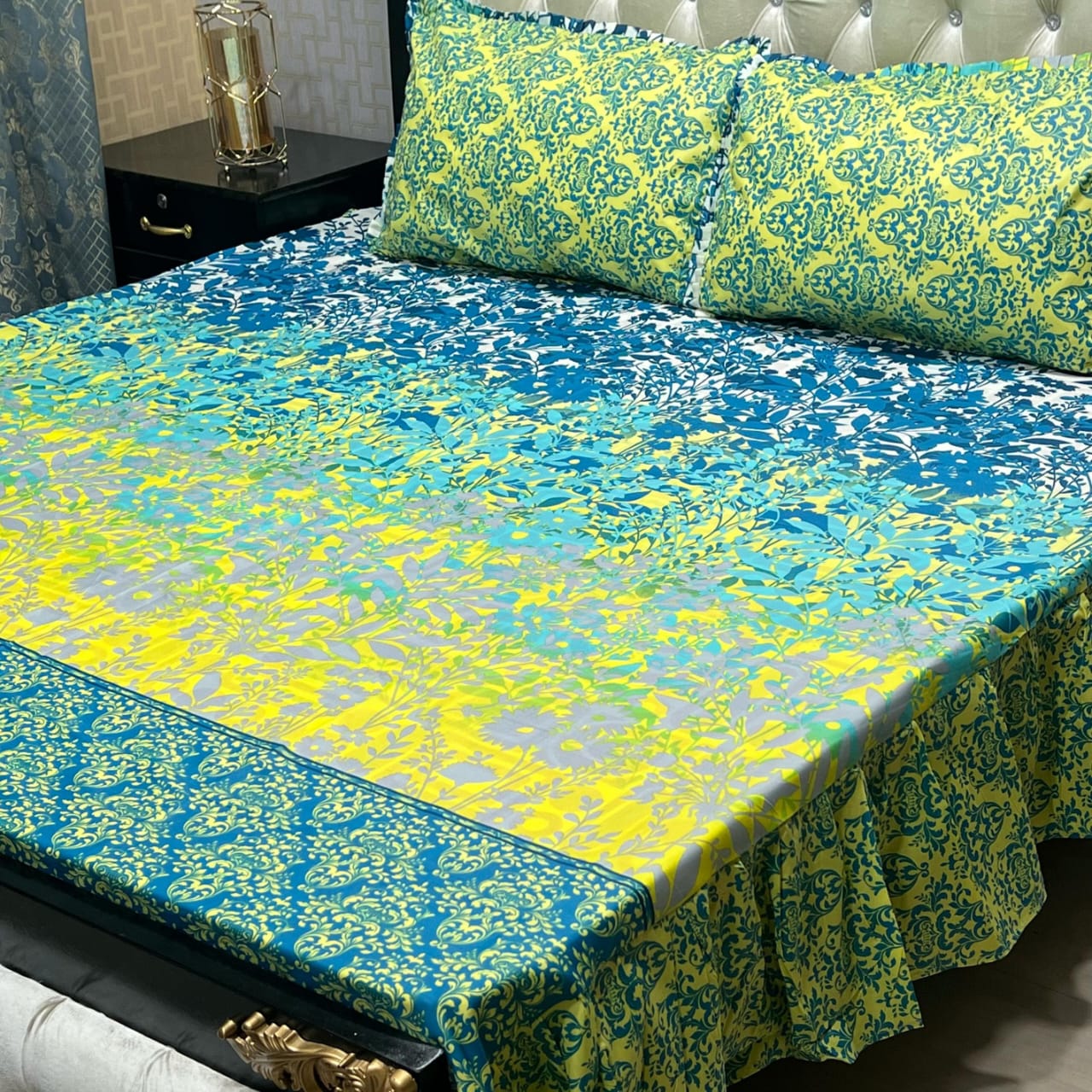 3 piece stitched 2 sided frill bedsheet