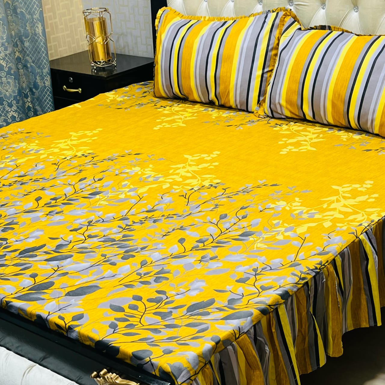 3 piece stitched 2 sided frill bedsheet