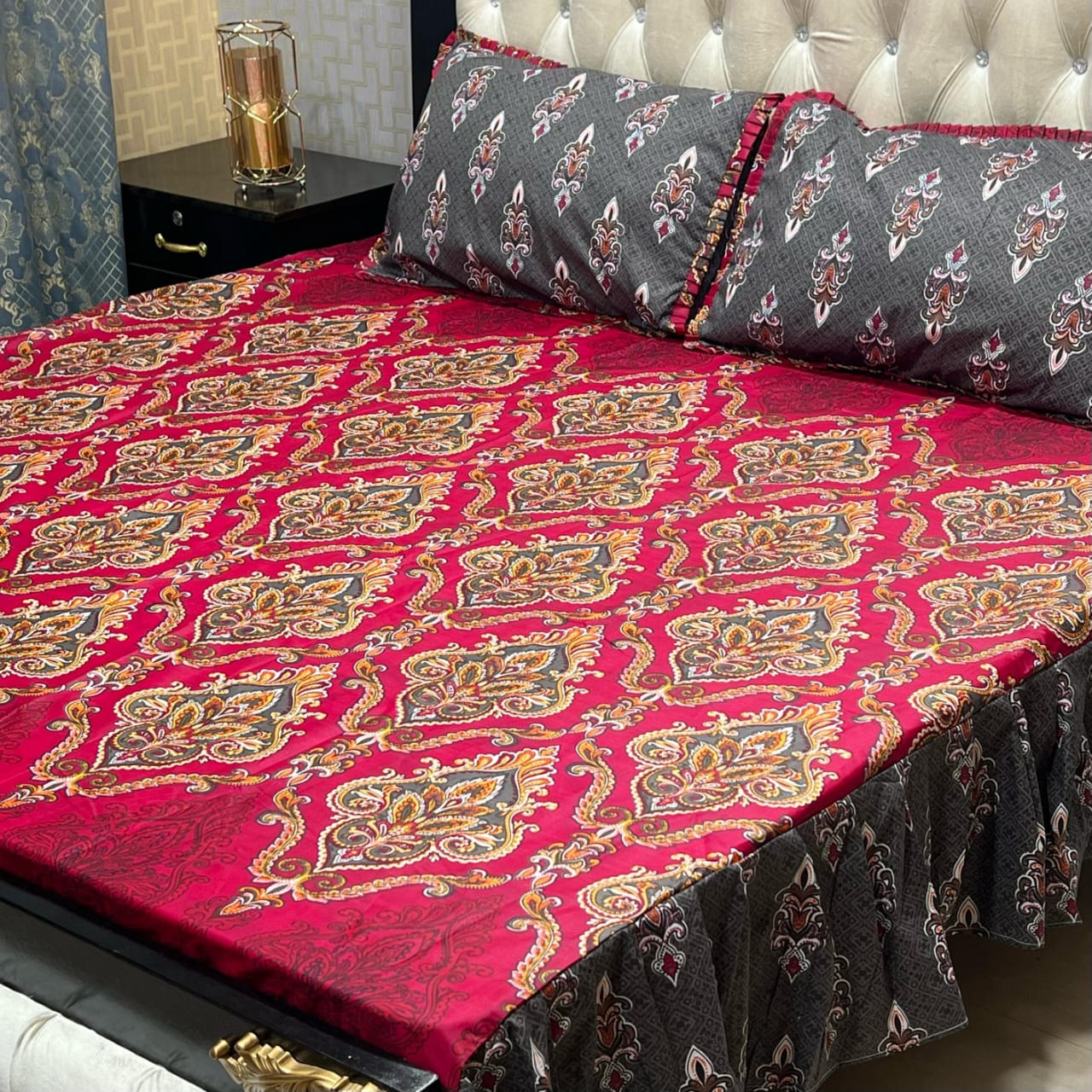 3 piece stitched 2 sided frill bedsheet