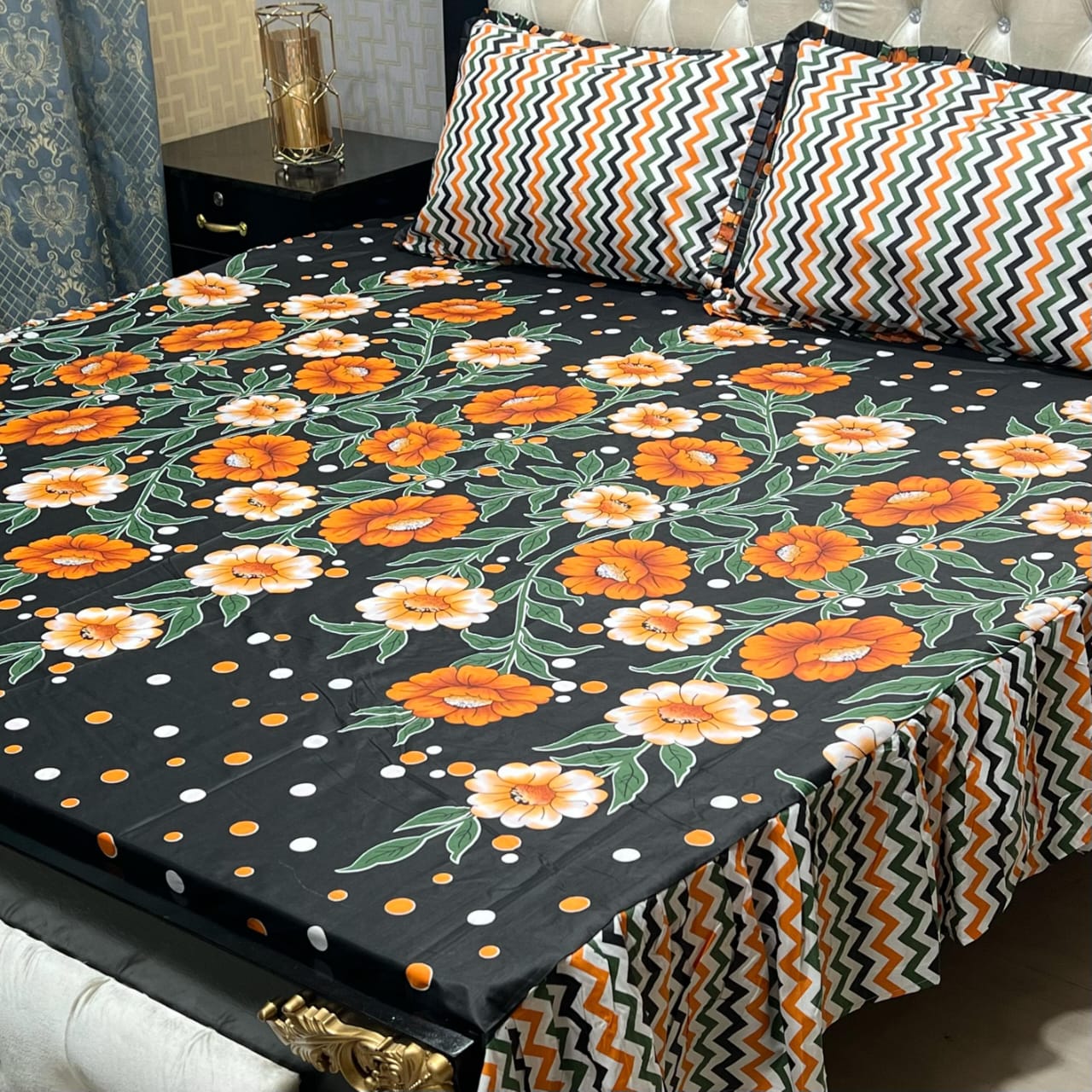 3 piece stitched 2 sided frill bedsheet