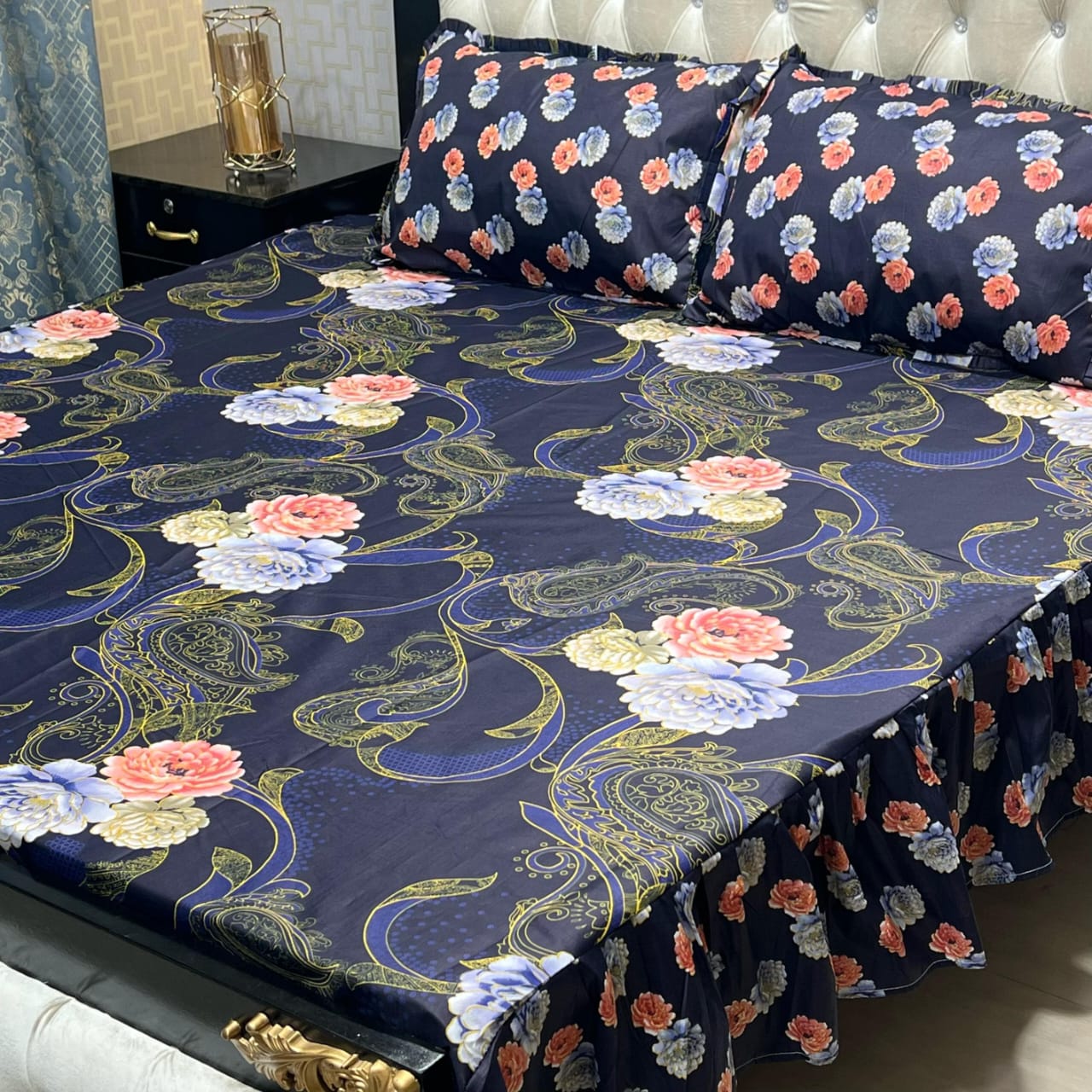 3 piece stiched 2 sided frill bedsheet