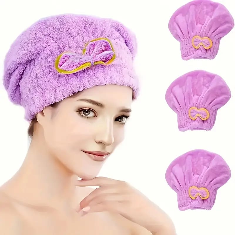 Bow Hair Drying Towel Coral Fleece Shower Cap