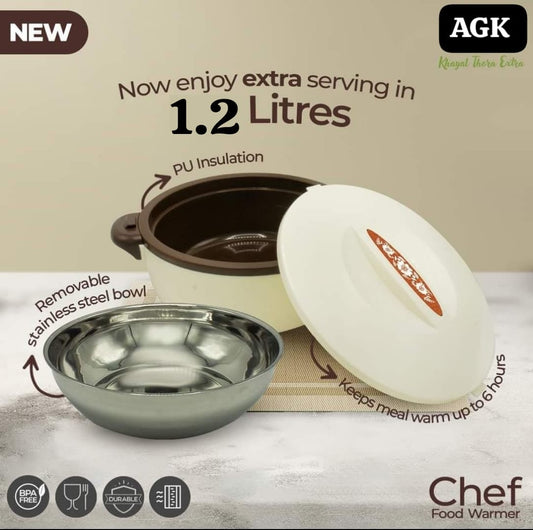 STAINLESS STEEL CHEF FOOD WARMER.
RETAIN HEAT FROM 4 TO 6 HOURS.